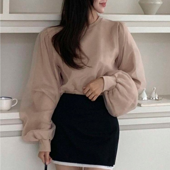 Light beige Mesh Panel Lantern puff Sleeve sweater Shirt blouse - Picture 2 of 7